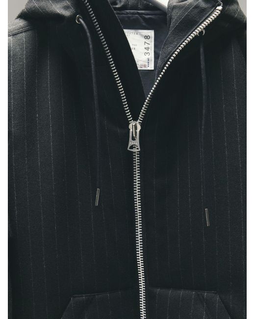 Sacai Black Hoodie Pinstriped Zip-Up Hooded Jacket for men