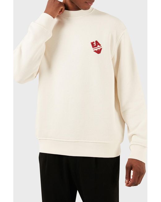 Emporio Armani White Logo-Embroidered Cotton Sweatshirt for men
