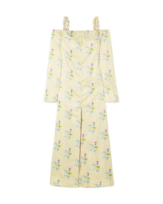 Ganni White Satin Off-The-Shoulder Midi Dress