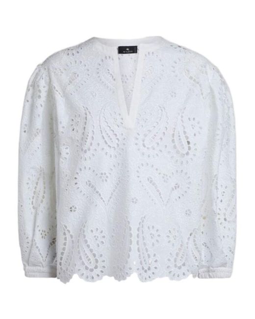 Etro White V-Neck Openwork Top
