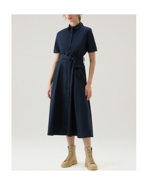Woolrich Blue Tied-Waist Short-Sleeved Shirt Dress