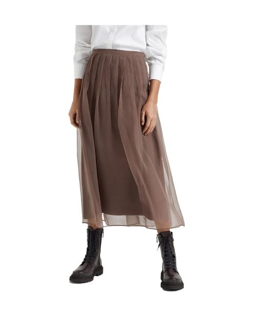 Brunello Cucinelli Brown Pleated Tulle Midi Skirt