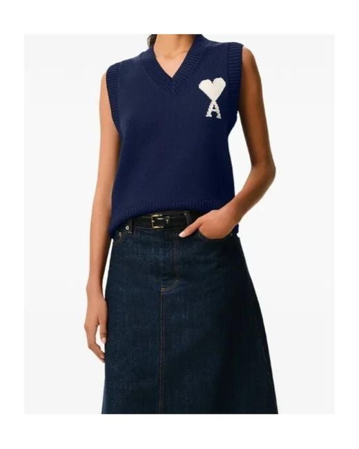 AMI Blue Wool And Cotton Sleeveless Ami De Coeur Sweater