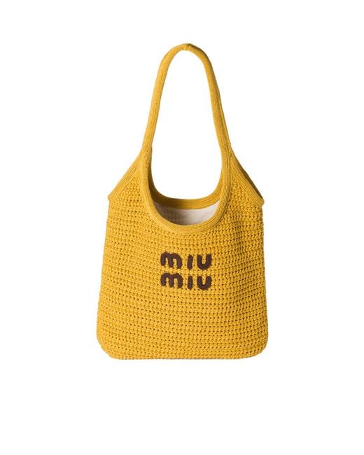 Miu Miu Ivy Raffia-Effect Woven Tote Bag in Yellow | Lyst