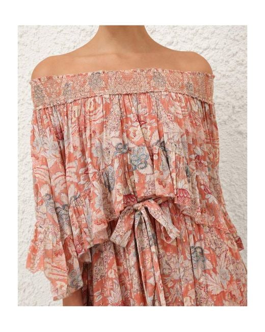 Zimmermann Pink Off-Shoulder Ruffled Maxi Dress