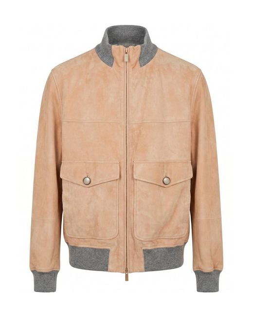Brunello Cucinelli Natural Ribbed Hem Suede Jacket for men