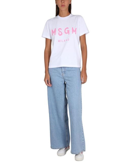 MSGM White Logo Printed Crewneck T-Shirt