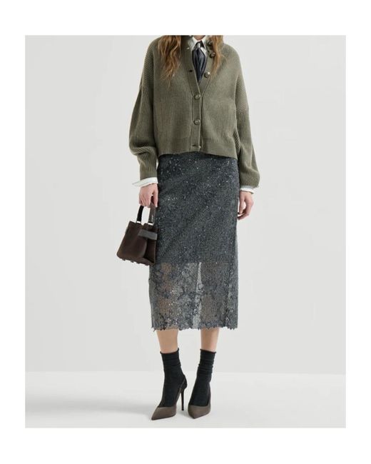 Brunello Cucinelli Gray Dazzling Lace-Embroidery Pencil Skirt