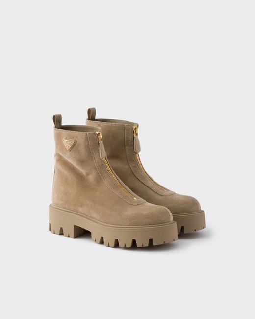Prada Brown Triangle-Logo Zipped Boots