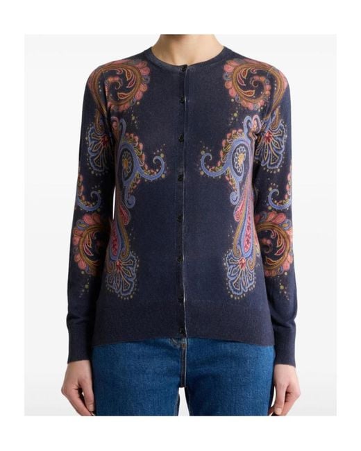 Etro Blue Silk And Cashmere Cardigan With Placed Paisley Print