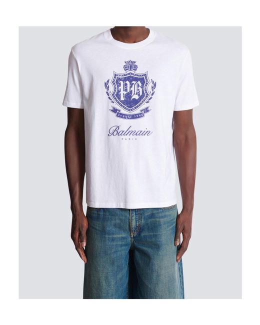 Balmain White T-Shirt With Printed Logo for men