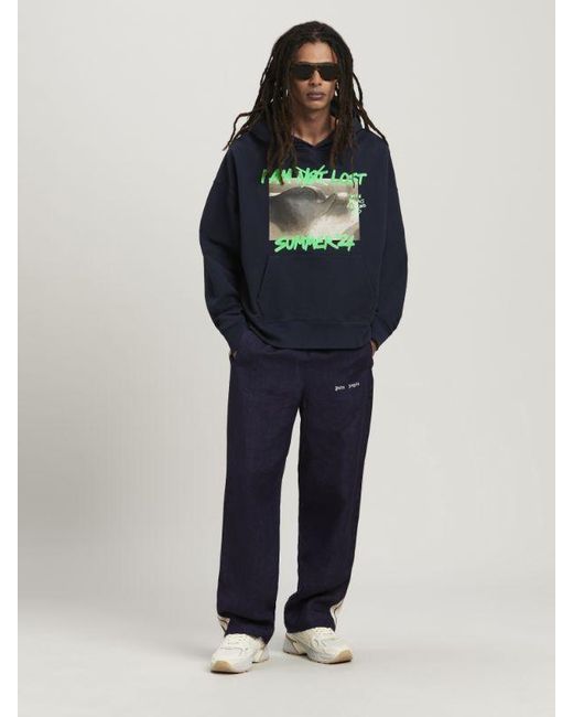 Palm Angels Blue Graphic-Print Cotton Hoodie for men