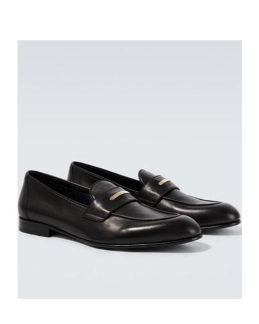 Brioni Black Appia Leather Penny Loafers for men