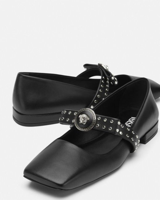 Versace Black Gianni Ribbon Square-Toe Ballet Flats