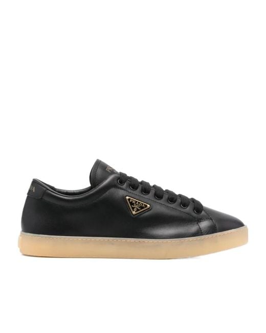 Prada Black Enamel Triangle-Logo Sneakers for men