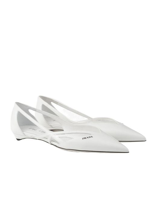 Prada White Pointed-Toe Cut-Out Detailed Ballerinas