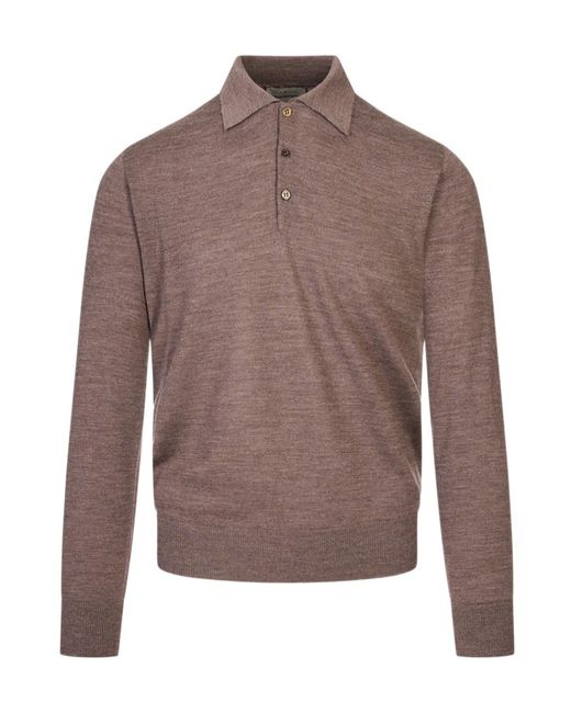 Canali Brown Long-Sleeve Knitted Polo Shirt for men