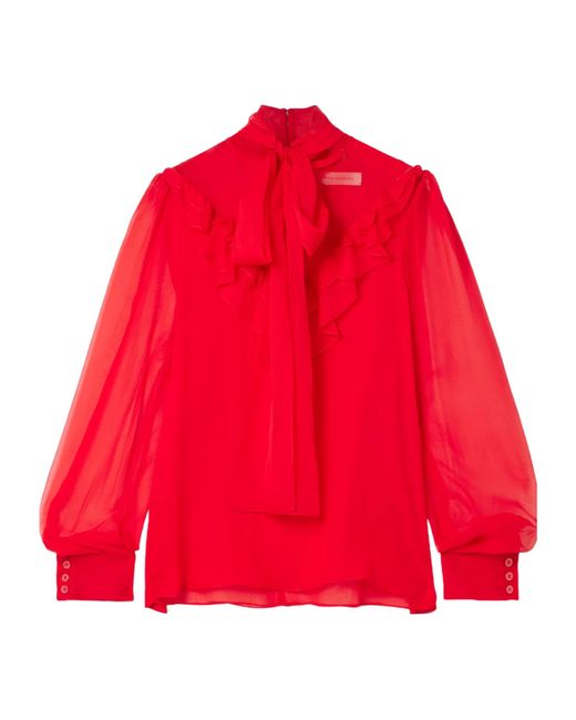 Carolina Herrera Red Tie-Collar Ruffle Shirt