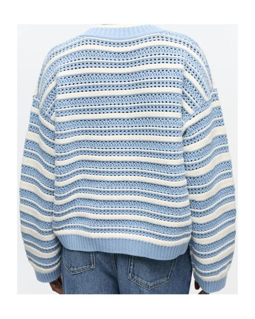 Ganni Blue Striped Cotton V-Neck Jumper
