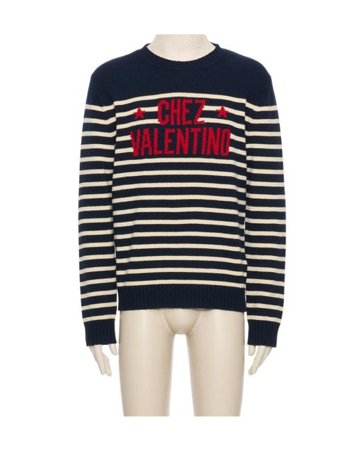 Valentino Blue Striped Logo Detailed Crewneck Jumper for men