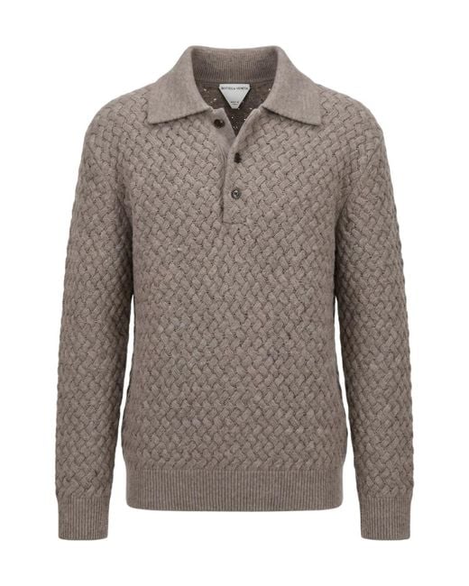 Bottega Veneta Gray Intrecciato Knitted Polo Sweater for men