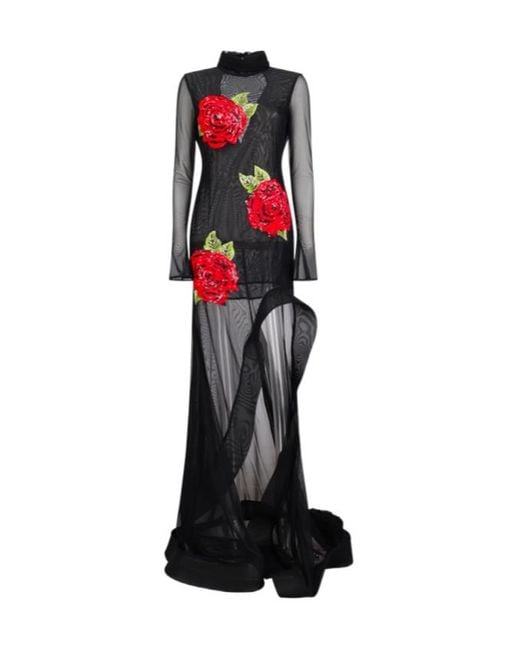 Blumarine Black Stretch Tulle Dress With Embroidery And Slit