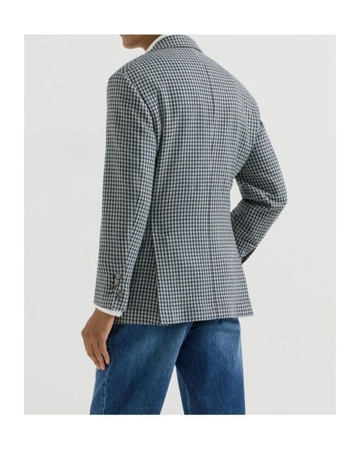 Brunello Cucinelli Blue Houndstooth-Pattern Blazer for men