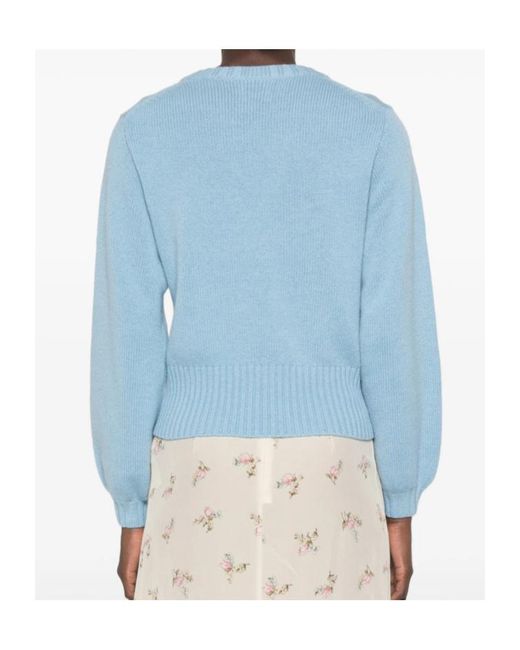Allude Blue Ribbed-Knit Crew Neck Sweater