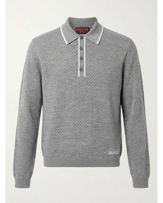Gucci Gray Wool Perforated Long-Sleeve Polo Shirt for men