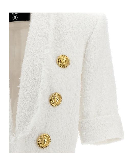 Balmain White Cropped Bouclé Tweed Jacket