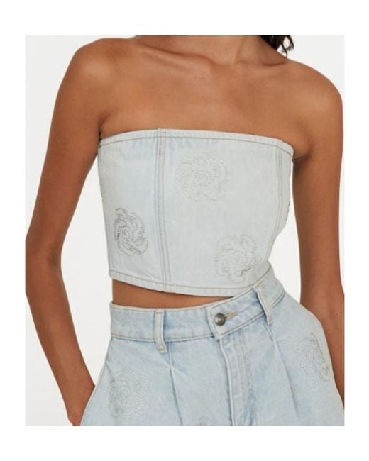 ROTATE BIRGER CHRISTENSEN Blue Denim Cropped Embellished Top