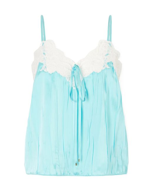 Chloé Blue Lace-Trimmed Crinkled Silk-Satin Top