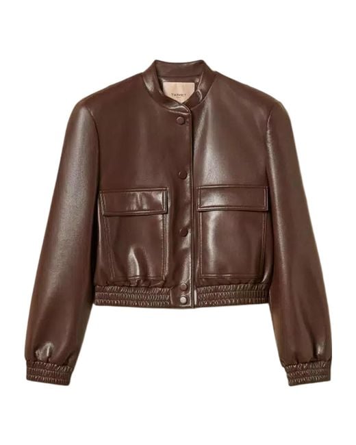 Twinset Brown Faux Leather Bomber Jacket With Pockets
