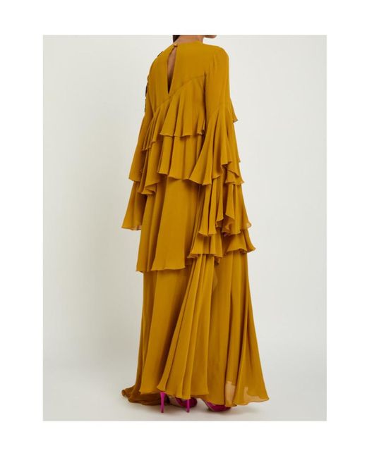 LaDoubleJ Yellow Naiad Ruffled Embellished Silk-Georgette Maxi Dress