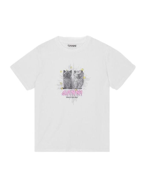 Ganni White Basic Jersey Kittens Relaxed T-Shirt