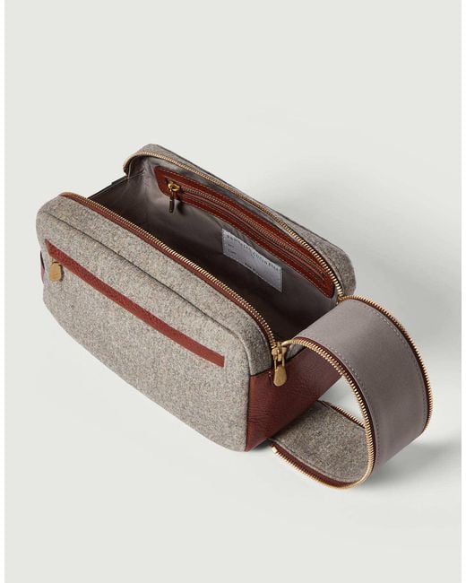 Brunello Cucinelli Gray Virgin Wool, Alpaca And Cashmere Flannel Beauty Case With Grained Calfskin Inserts And Double Zipper for men