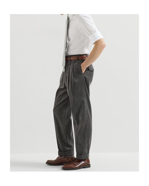 Brunello Cucinelli Gray Frosted Cotton Corduroy Trousers With Double Pleats for men