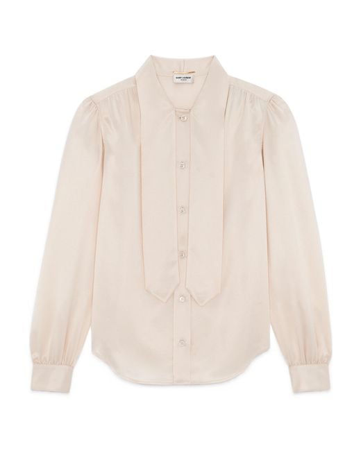 Saint Laurent White Lavallière-Neck Long-Sleeved Blouse