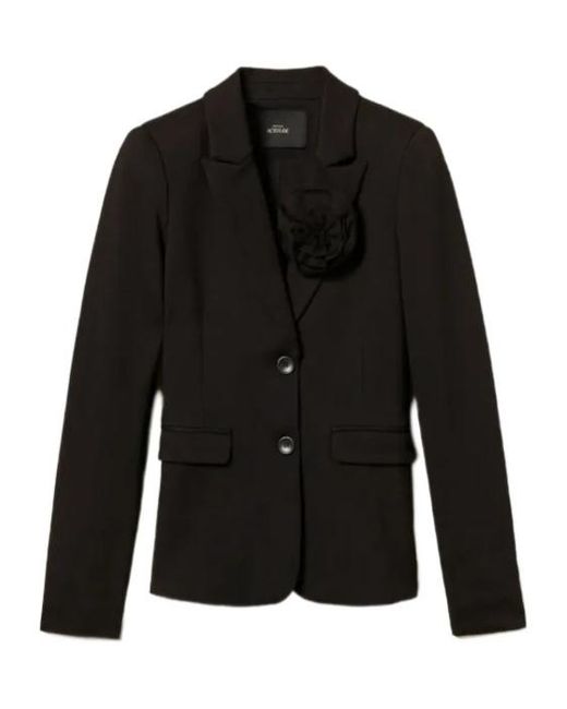 Twinset Black Floral-Brooch Blazer