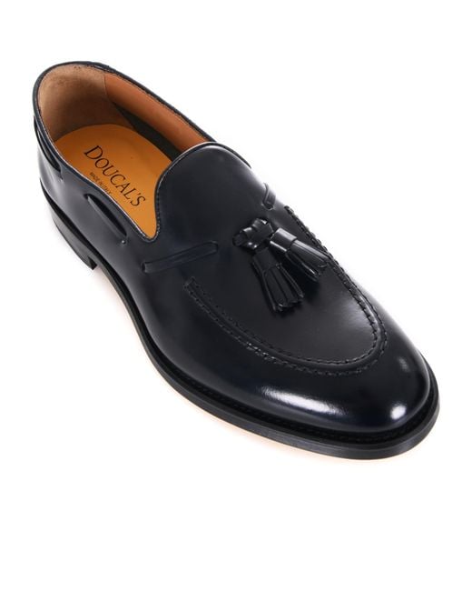 Doucal's Blue Almond Toe Tasseled Loafers for men