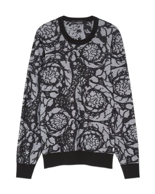 Versace Gray Baroque Motif Crewneck Knitted Jumper for men