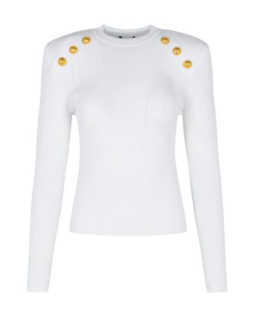 Balmain White Button Embellished Knitted Jumper
