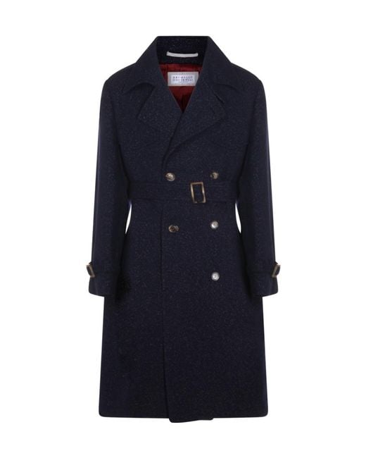 Brunello Cucinelli Blue Double-Breasted Belted Coat for men