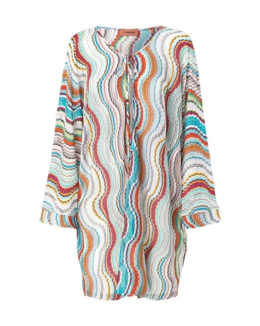 Missoni Blue Lamé Wave Motif Long-Sleeved Cover-Up Kaftan