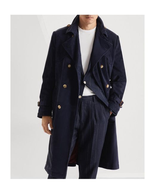 Brunello Cucinelli Blue Suede Trench Coat for men