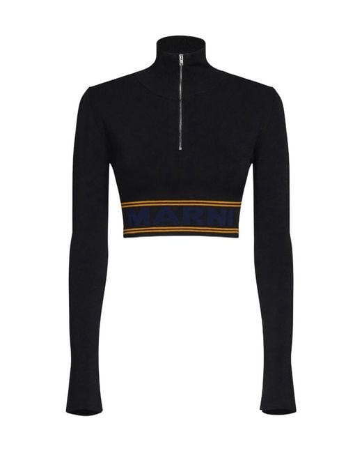Marni Black Logo Intarsia-Knit High Neck Cropped Jumper