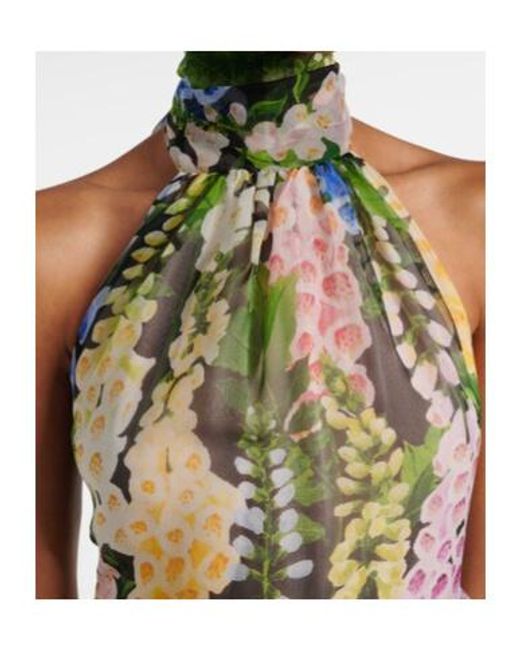 Oscar de la Renta Blue Floral Gathered Silk Chiffon Gown
