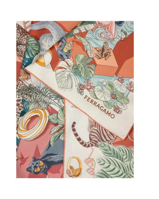 Ferragamo White Jungle Party Print Silk Scarf