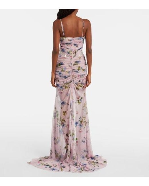 Blumarine Purple Floral Ruched Sheer Gown