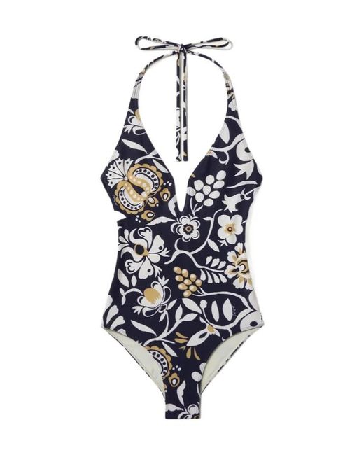 LaDoubleJ Blue Halter-Neck Floral Swimsuit